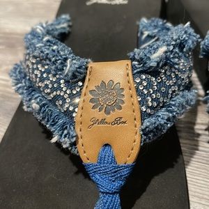 Women’s Yellow Box Flip Flops - Size 8 - Denim Fringe Rhinestones